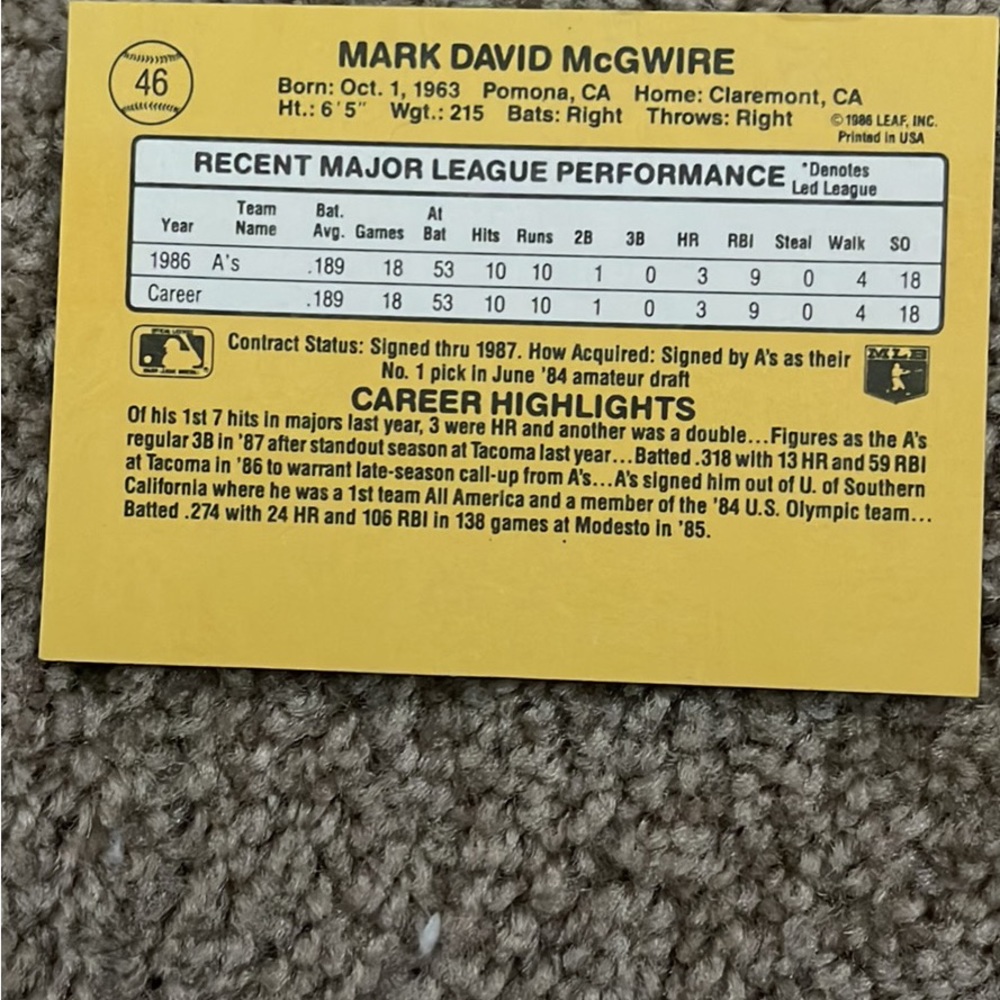 Mark McGwire 1987 Donruss Baseball card - Picture 2 of 2